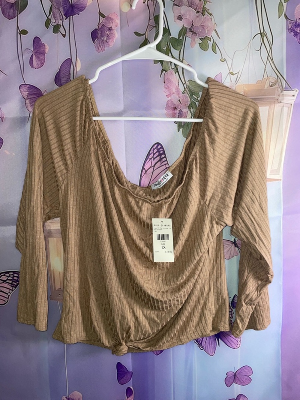 Fashion Nova Ribbed Scoop-Neck Long Sleeve Top - Tan